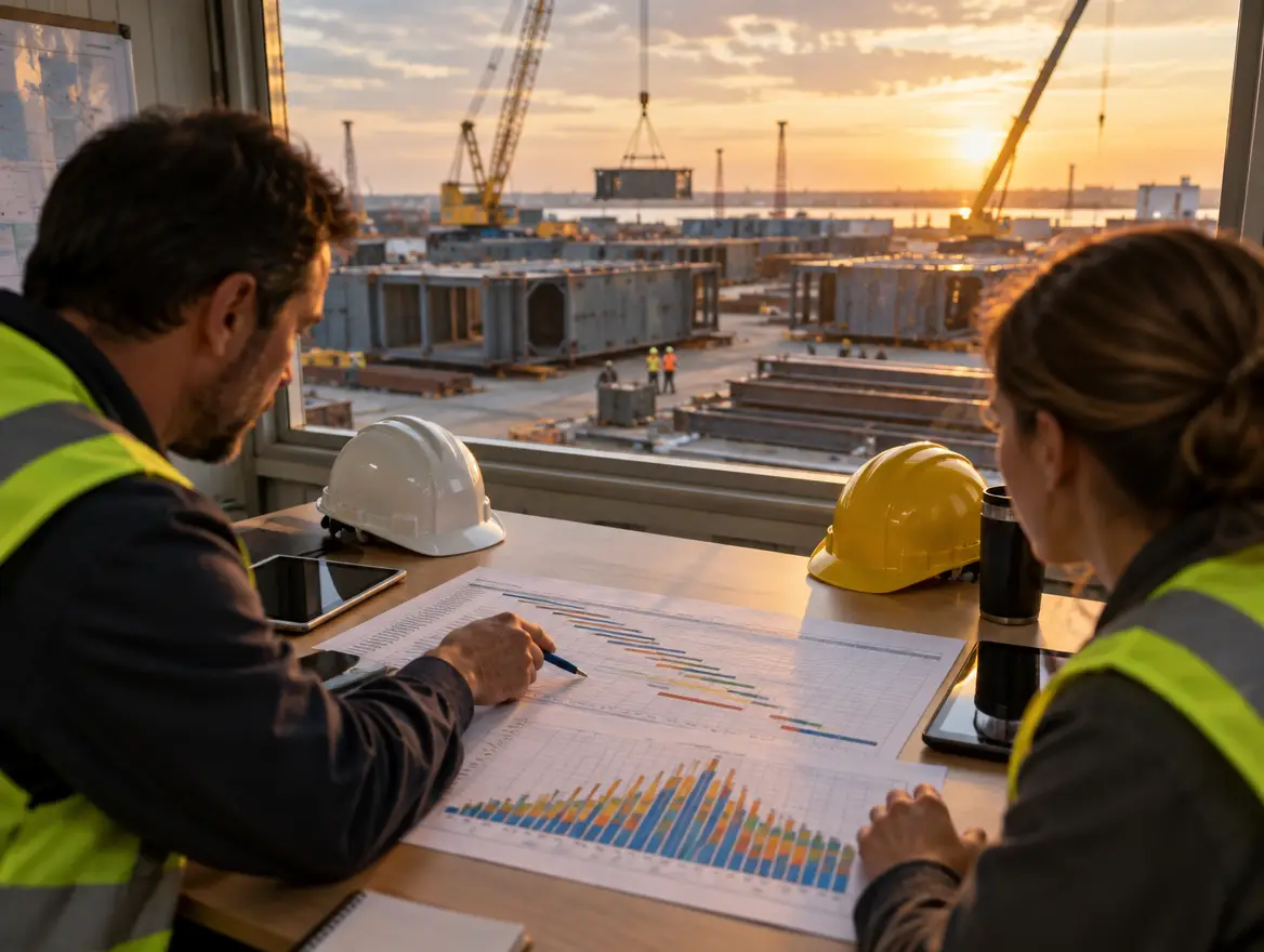 Two planners reviewing a manpower histogram in a site office at sunset