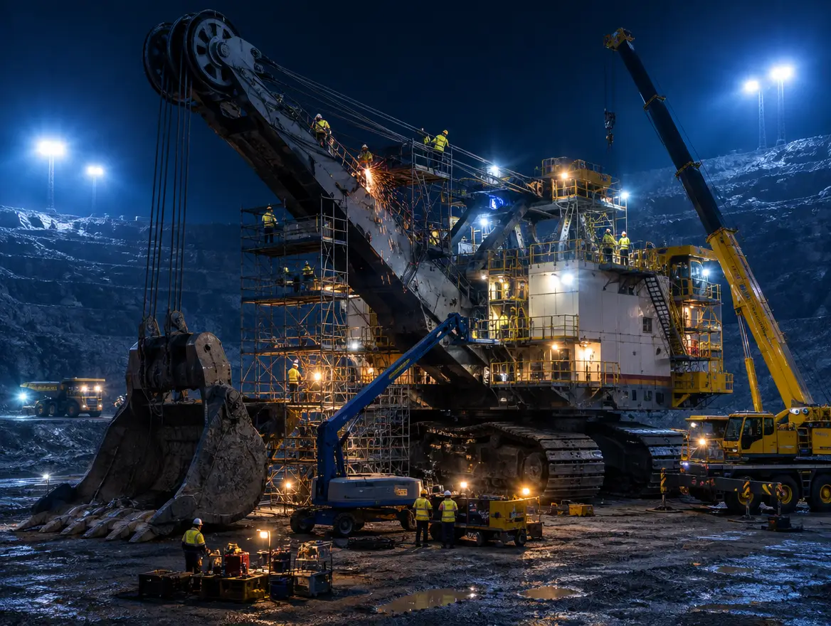 Night-shift crew working on a heavy mining shovel under floodlights